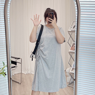 胖妹妹夏季 t恤女設計感抽繩上衣遮肉顯瘦打底連衣裙加肥加大 短袖