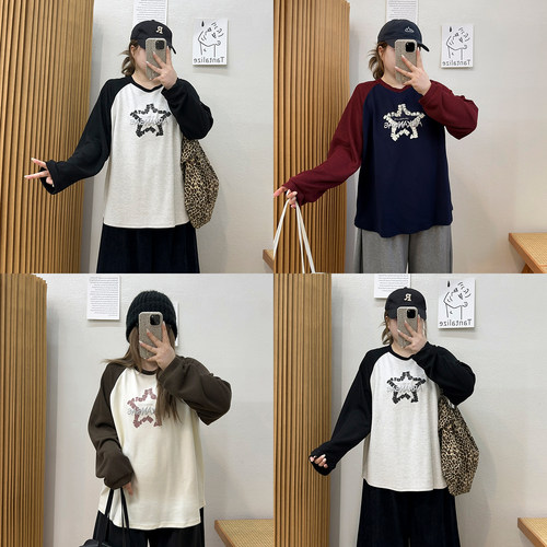 宛宛大码女美式撞色插肩袖圆领长袖t恤早秋新款胖mm休闲显瘦上衣