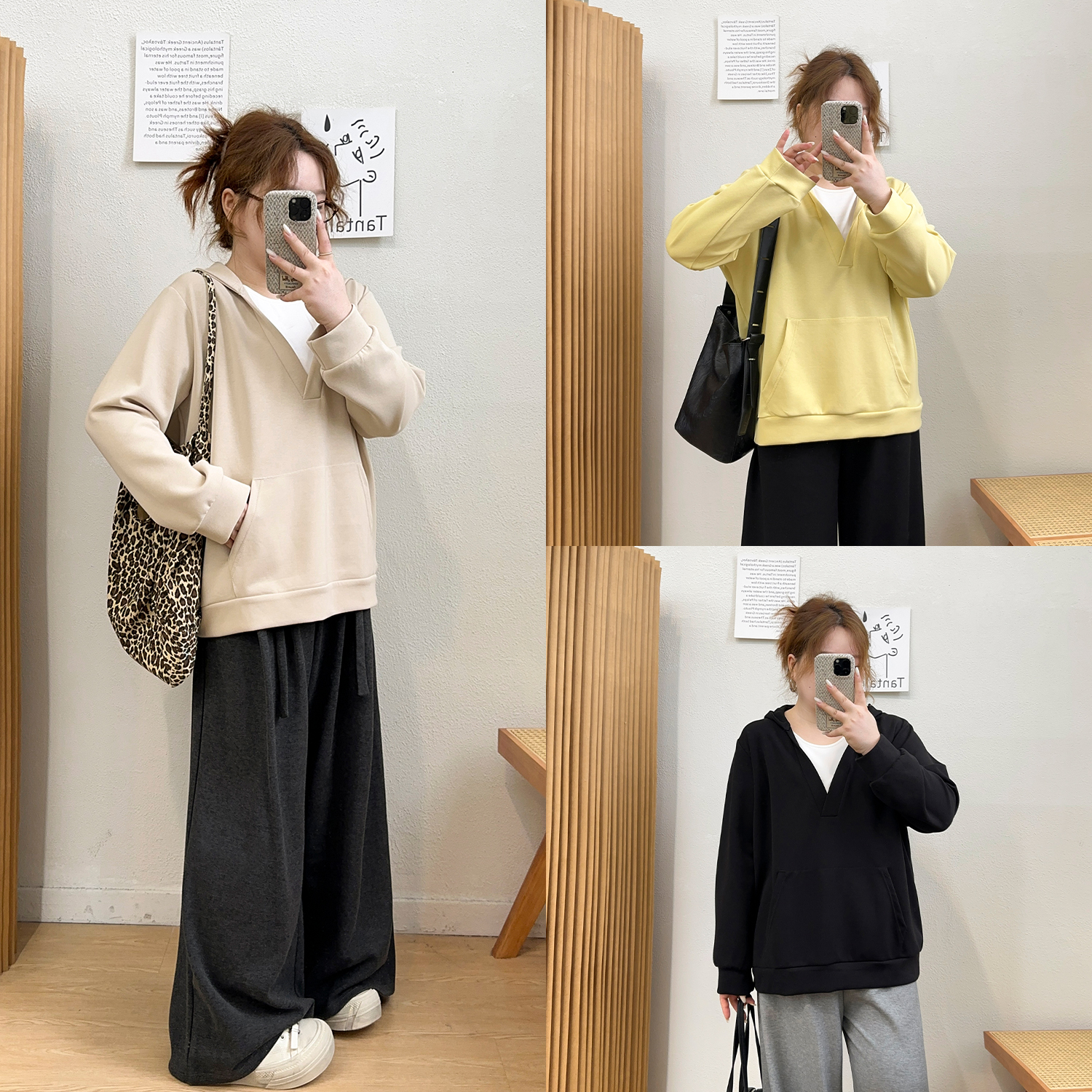 宛宛大码女装假两件V领连帽卫衣女秋冬季胖mm巨显瘦遮肉百搭上衣