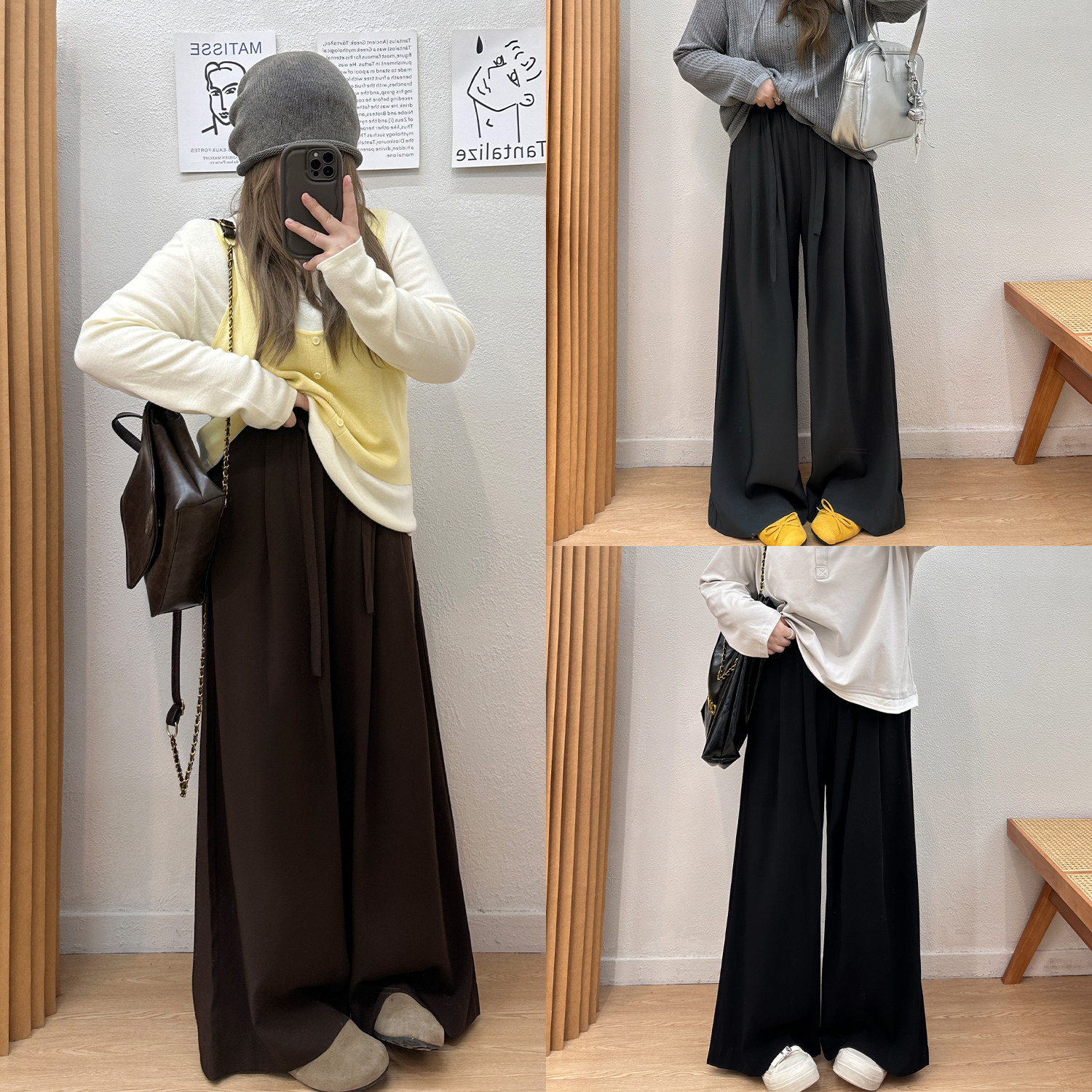 宛宛大码胖MM秋季新款绑带松紧腰宽松阔腿裤女垂感百搭休闲西装裤