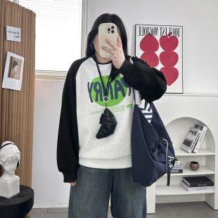 秋冬大码 胖mm无帽卫衣女港味复古拼色宽松插肩上衣ins潮拼接外套