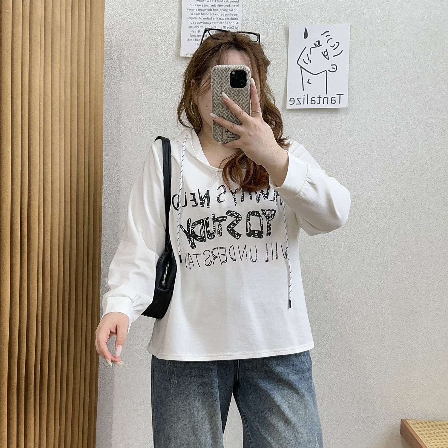 慵懒风印花长袖连帽T恤