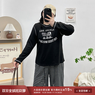 显瘦上衣 ins大码 胖mm正肩磨毛加厚德绒明线印花长袖 t恤女秋冬新款