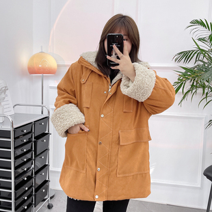 新款 加绒派克服女冬季 200斤保暖加厚羊羔毛立领棉服 胖mm工装 大码