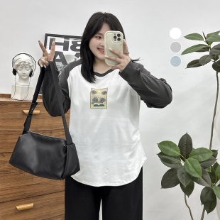 t恤女 早秋微胖mm遮肚上衣藏肉拼色设计褶皱正肩长袖 大码 女装