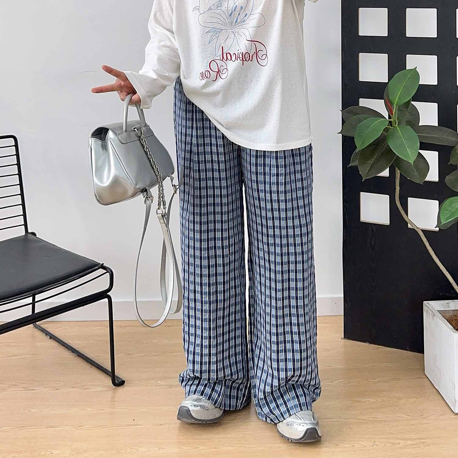 大码女胖mm格子阔腿裤2025夏季宽松显瘦休闲裤松紧高腰直筒裤长裤