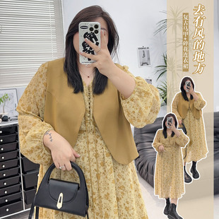 女装 碎花连衣裙女秋季 大码 微胖法式 遮肚裙 新款 胖MM显瘦遮肉套装