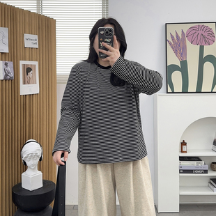 磨毛德绒条纹打底衫 女装 百搭显瘦保暖内搭上衣T恤 大码 胖mm冬新款