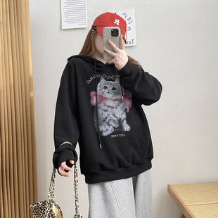 宛宛大码 加绒卡通连帽正肩卫衣女秋冬胖mm巨百搭显瘦遮肉上衣 女装