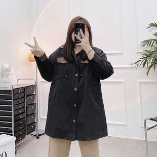女大码 款 胖mm西装 气质英伦风大衣拼皮时尚 风衣外套中长款 早秋新款
