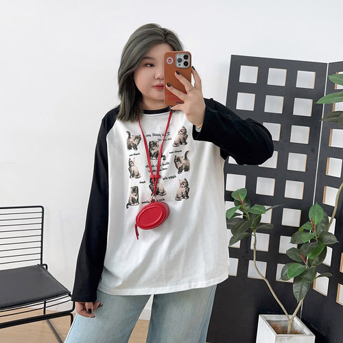 大码撞色纯棉插肩长袖T恤女2026春季新款胖mm宽松显瘦设计感上衣