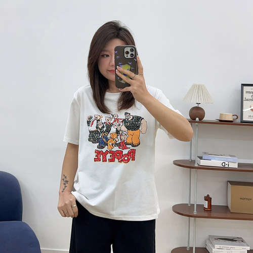 宛宛大码女装胖mm卡通做旧水洗中长款短袖t恤夏潮款复古宽松上衣