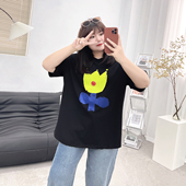 T恤胖mm时尚 宛宛大码 纽扣花朵字母显瘦百搭短袖 新款 上衣 夏季