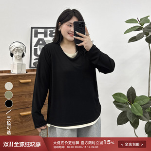 T恤女秋季 设计感百搭假两件打底衫 胖mm显瘦遮肉休闲上衣 女装 大码
