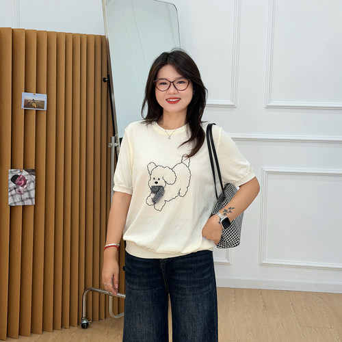 宛宛大码正肩短袖针织t恤女秋季女装胖mm卡通刺绣慵懒风宽松上衣