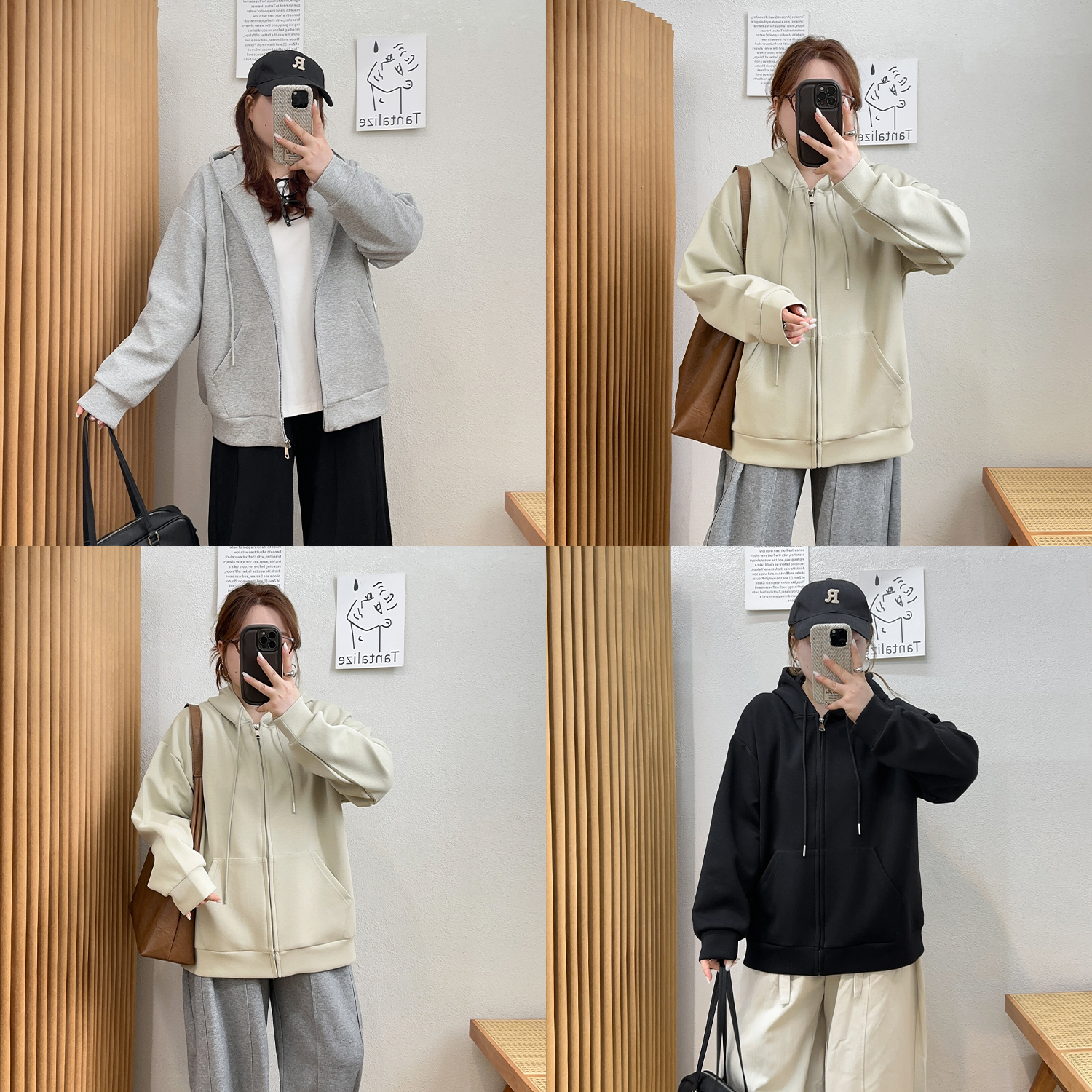 宛宛大码女装慵懒风连帽卫衣女春秋季新款胖mm宽松拉链开衫外套潮