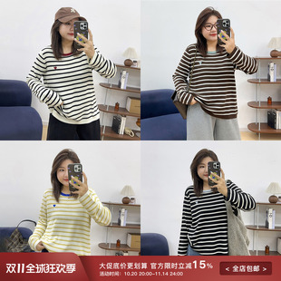 胖mm圆领长袖 宛宛大码 新款 女秋装 内搭上衣 条纹t恤针织拼色打底衫