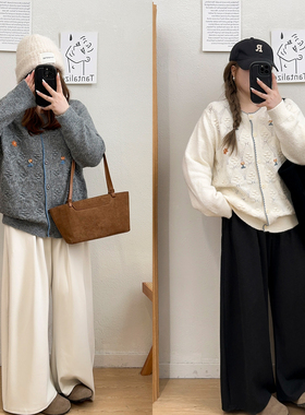 宛宛大码女装花朵镂空毛衣针织开衫秋冬新款胖mmm显瘦设计感上衣