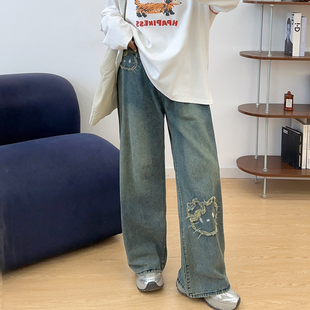 胖mm高腰宽松显瘦慵懒感阔腿裤 宛宛大码 新款 女秋季 复古直筒牛仔裤