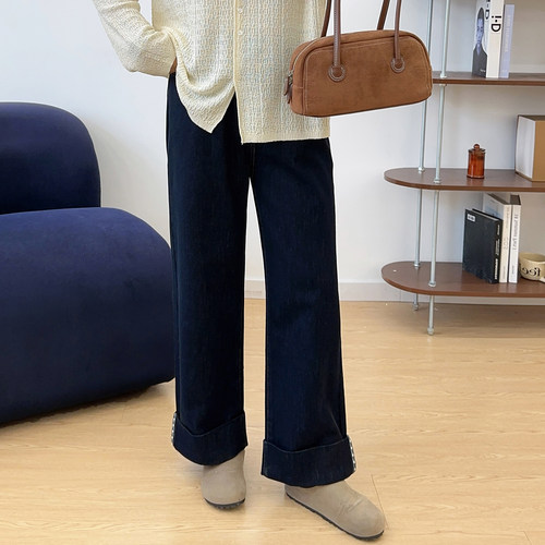 宛宛大码卷边直筒牛仔裤女新款胖mm小个子黑色裤子窄版九分阔腿裤