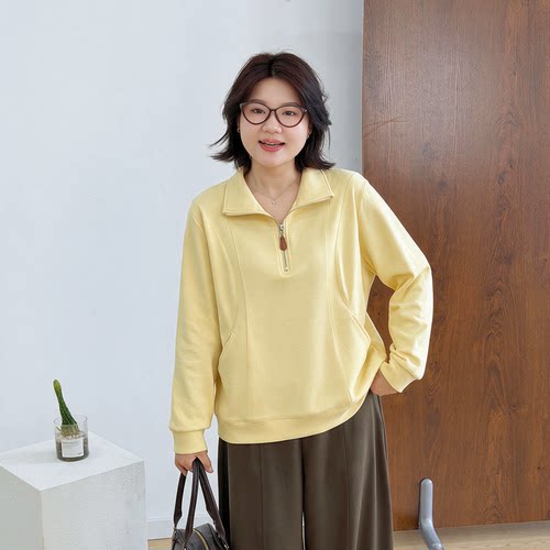 宛宛大码女装胖mm黑色显瘦卫衣Polo领半拉链高级感ins潮秋冬卫衣