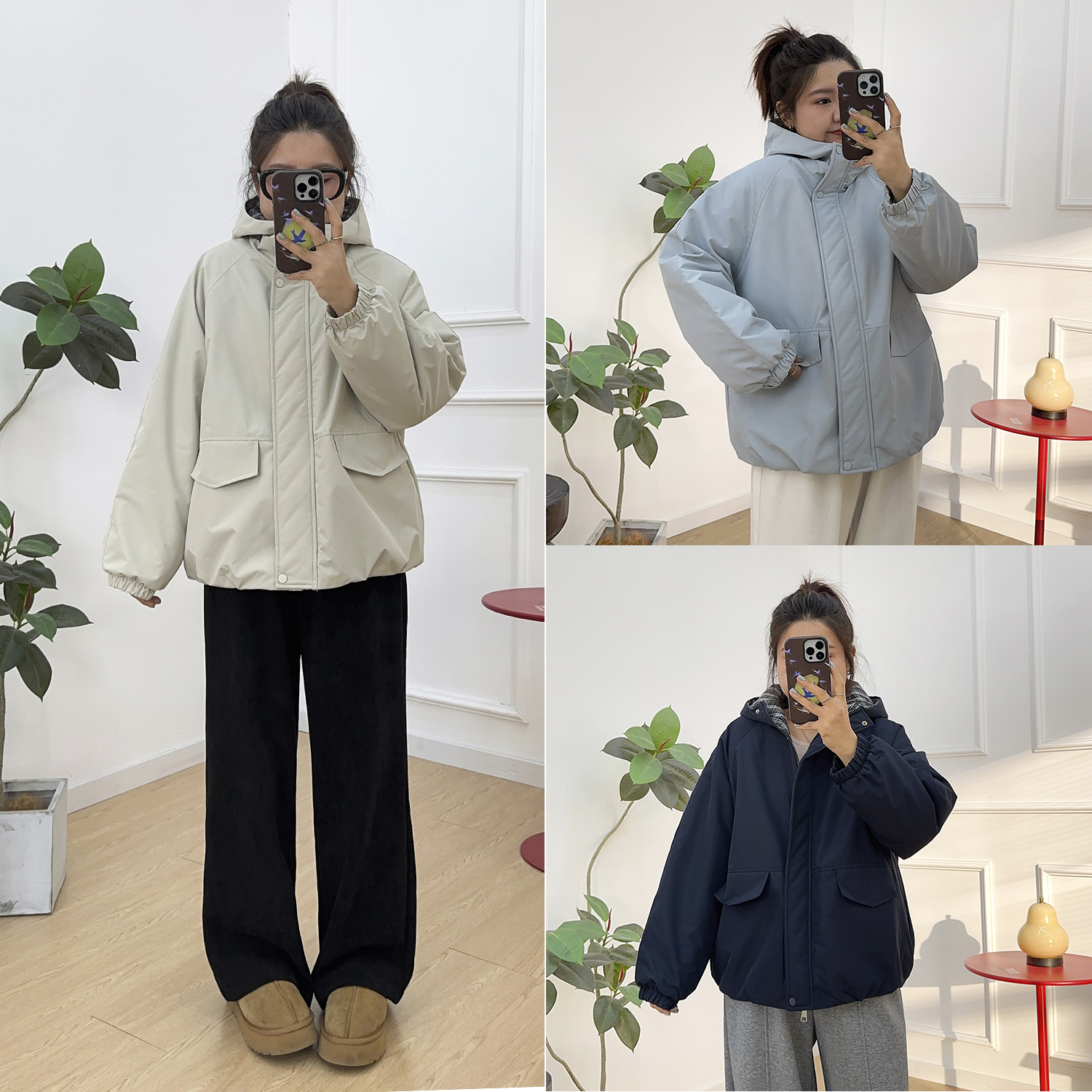 撞色格子拼接连帽宽松休闲棉服