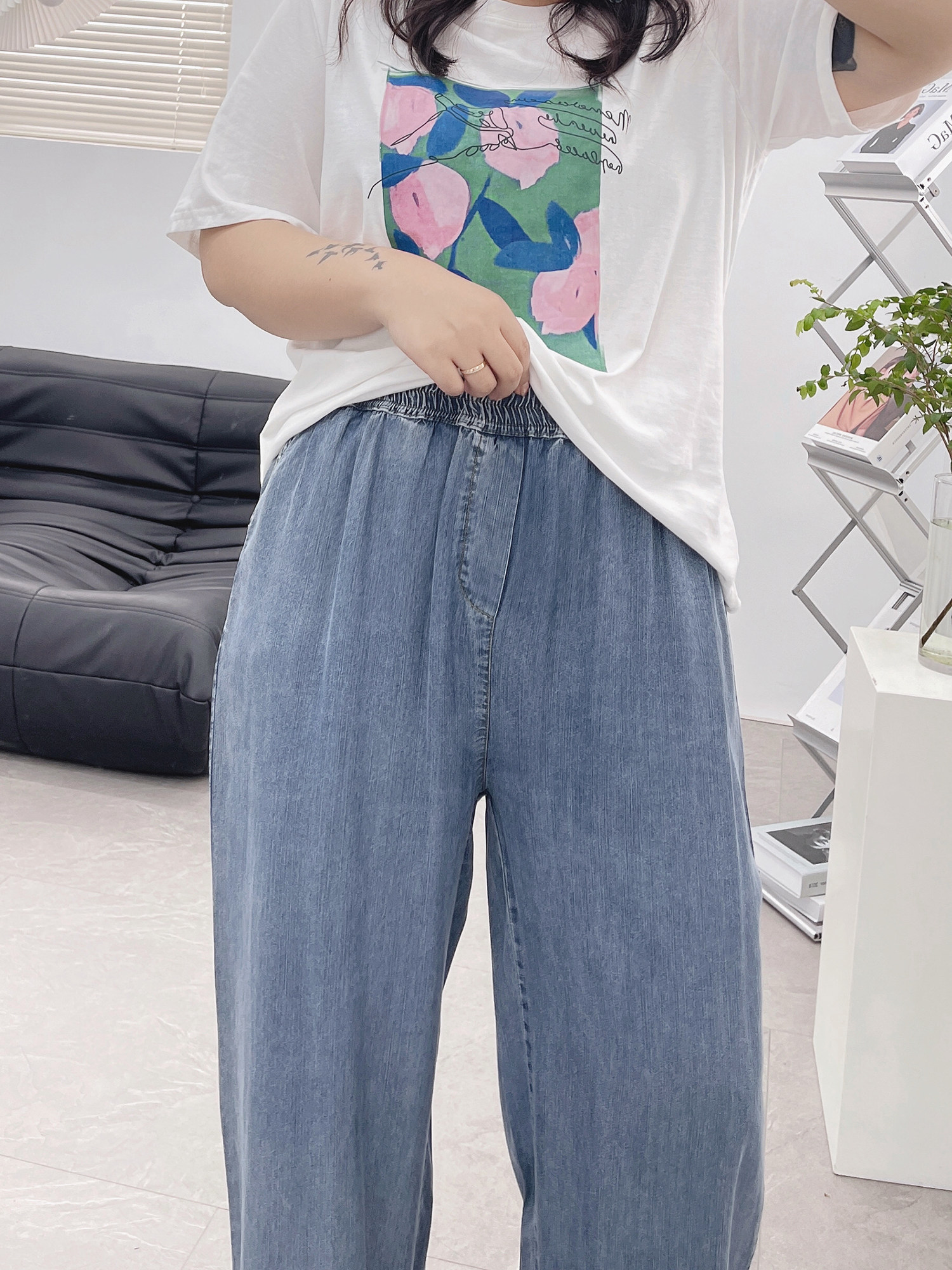 TENCEL JEANS WOMENS SUMMER THIN HIGH-WAIST FAT MM LARGE SIZE THIN ICE OXYGEN BAR DRAPED ICE SILK WIDE-LEG SLACKS