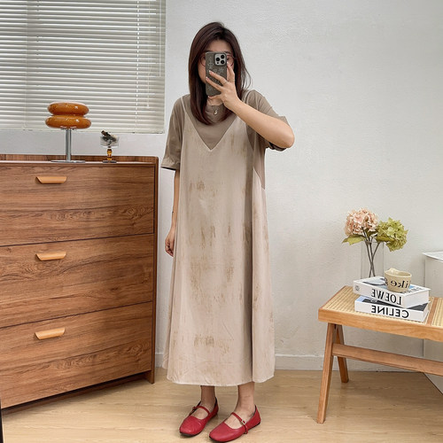 宛宛大码胖妹妹拼接假两件短袖连衣裙女夏季设计感减龄洋气T恤裙