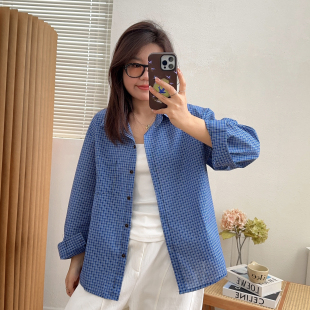 胖mm巨好看显瘦内搭上衣 外套女早春新款 宛宛大码 宽松叠穿格子衬衫