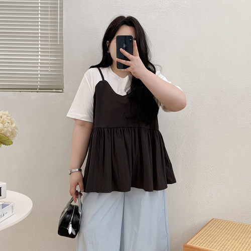 宛宛大码胖mm拼接小众显瘦假两件短袖T恤女夏季法式复古小衫上衣