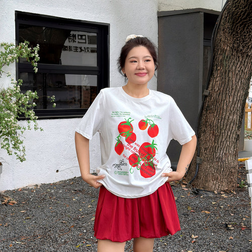 宛宛大码女装胖mm短袖T恤夏季番茄印花休闲宽松显瘦韩系半袖上衣