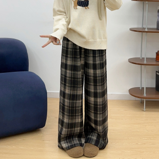 慵懒风加绒加厚保暖休闲阔腿裤 女秋冬新款 胖MM毛呢格子裤 宛宛大码