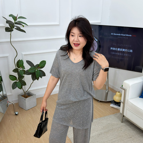 宛宛大码女装微胖妹妹mm夏款韩系短袖T恤针织百搭上衣裤裙套装女