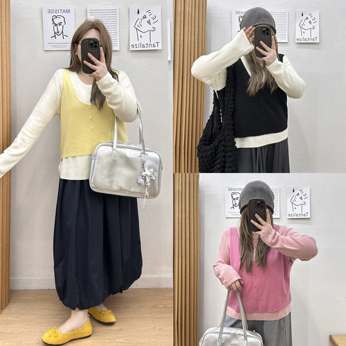 撞色假两件休闲宽松针织衫