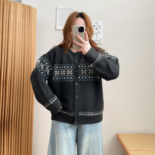 慵懒宽松上衣外套女 秋冬新款 宛宛大码 胖mm复古费尔岛提花毛衣开衫