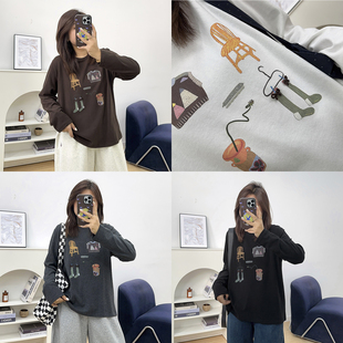 T恤早秋新款 胖mm卡通涂鸦印花圆领长袖 宽松显瘦上衣 女装 宛宛大码