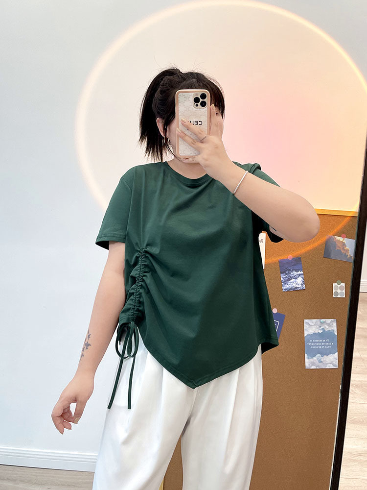 지방 MM 플러스 사이즈 여성 여름 2021 반팔 티셔츠 여성 조임 끈 불규칙한 디자인 루즈 탑 트렌디 인
