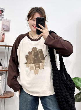 大码女插肩袖拼接长袖t恤上衣春秋2026新款微胖mm显瘦内搭打底衫