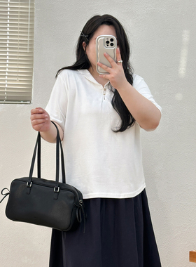 大码女装胖mm遮肉显瘦夏季新款polo领正肩短袖T恤减龄纯白色上衣