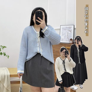 v领系带上衣 毛衣女春夏慵懒风外搭设计感罩衫 大码 胖mm镂空针织衫