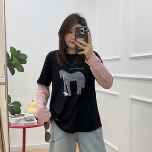 条纹长袖 胖MM200斤卡通减龄薄款 假两件宽松T恤上衣潮 女装 宛宛大码