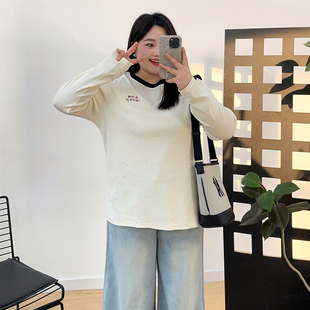 大码胖mm纯棉撞色字母T恤女长袖春秋内搭打底衫短款修身正肩上衣