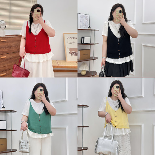 宛宛大码胖妹妹T恤背心吊带套装女夏季新款显瘦遮肉两件套学院风