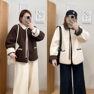宽松胖MM翻领羊羔毛拼接撞色长袖 秋冬新款 加厚外套 女装 宛宛大码