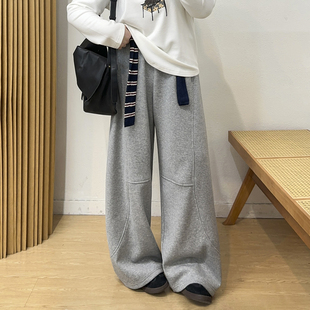 女秋冬加绒胖mm梨型身材高腰宽松显瘦阔腿运动卫裤 大码 黑色弯刀裤
