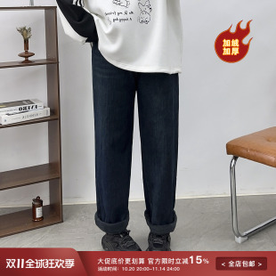 新款 宽松加绒显瘦老爹裤 大码 胖mm阔腿直筒牛仔裤 潮 女装 2024秋冬季