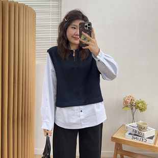 宛宛大码 女早春胖mm显瘦宽松显瘦百搭小众上衣 慵懒风假两件针织衫