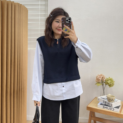 宛宛家假两件针织拼接上衣