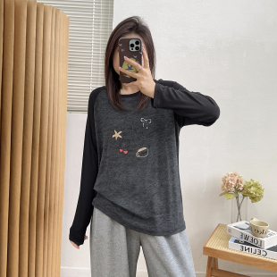 女装 T恤打底衫 早春新款 正肩长袖 胖MM印花显瘦撞色插肩袖 宛宛大码