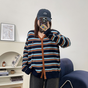 胖mm慵懒松弛感穿搭打底上衣 女2025新款 宛宛大码 圆领条纹针织开衫